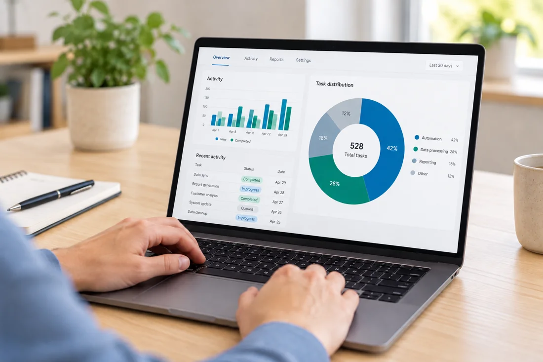 Illustrative business analytics dashboard with charts and example task data