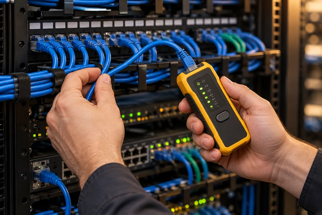 Illustration of hands testing blue network cabling with a handheld cable tester at a patch panel