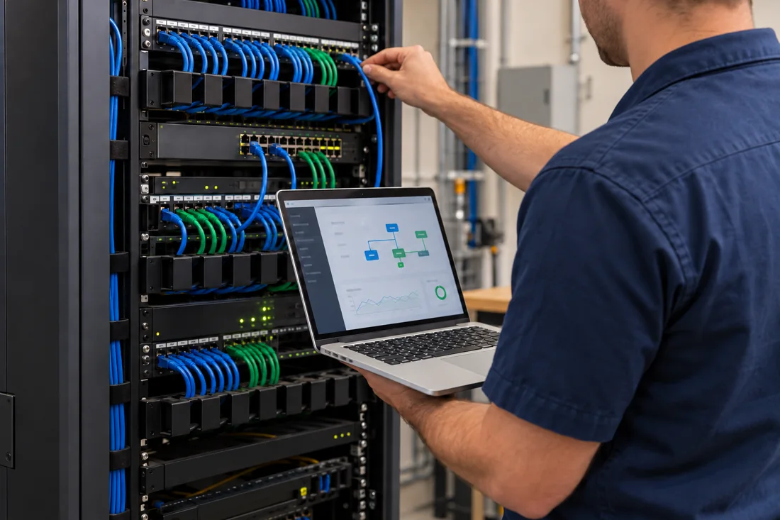 Illustration of a technician using a laptop while working with business network cabling