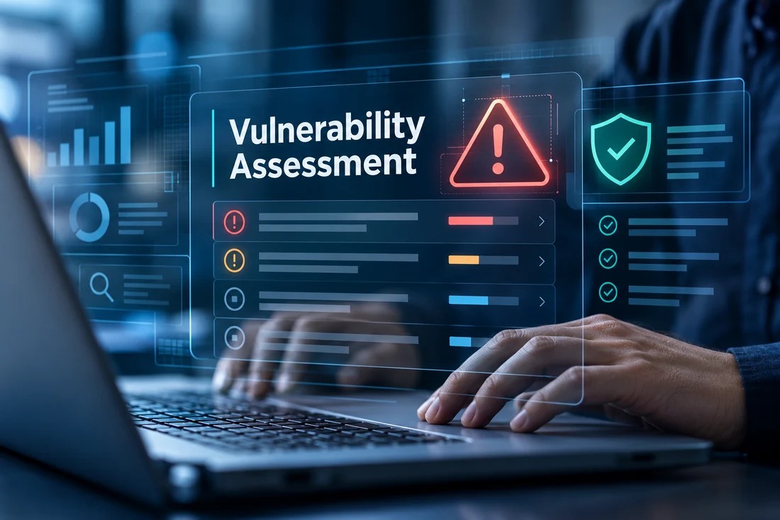 Illustrative vulnerability assessment showing security warnings, organized findings, and a protective shield over hands using a laptop