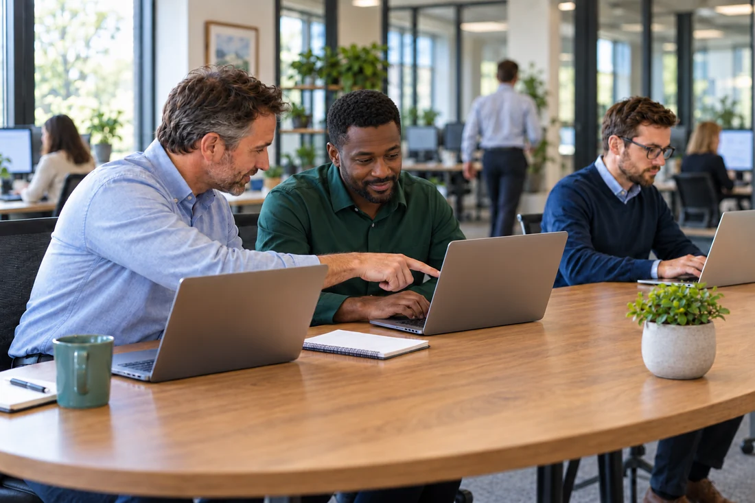 Illustrative IT consultant guiding a business client through his laptop screen in an active office