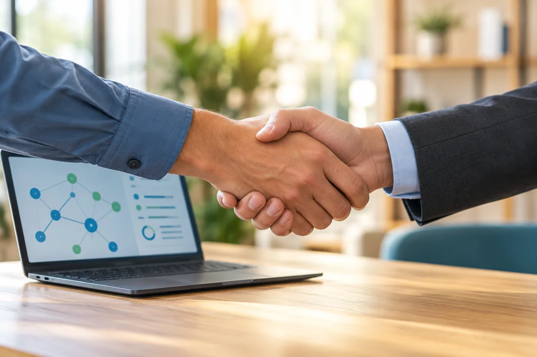 Illustration of a professional handshake beside a laptop displaying a network diagram