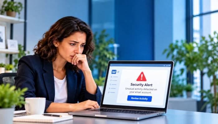 worried woman facing security alert